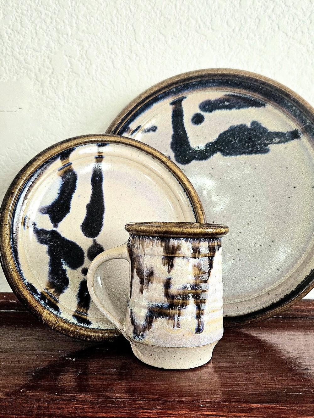 Studio Art Pottery 3 Pc Dinner Place Setting 1970s-90s Abstract Gray Blue Brown